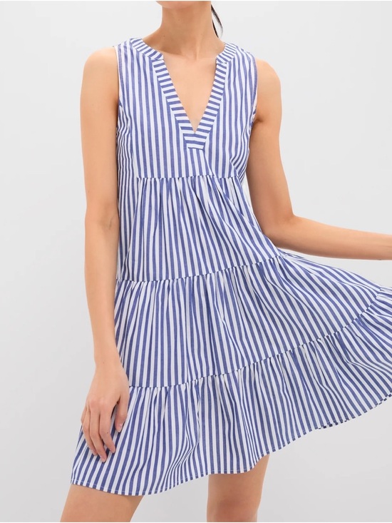 Pomander Place Dresses & Skirts - Pomander Place - Navy & White Vertical Stripe Tiered V-Neck Dress